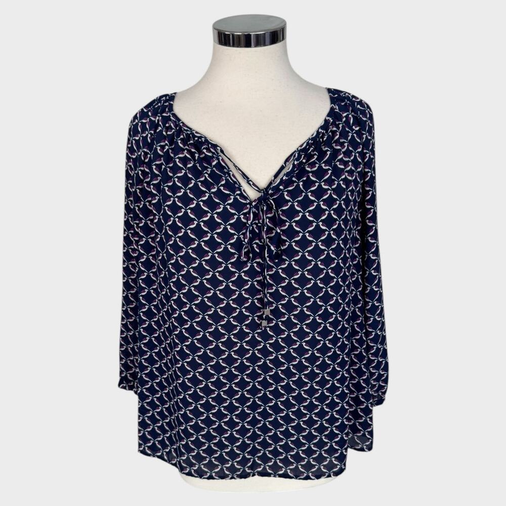 a.n.a. A New Approach Size 8 Navy Blue Purple Bird Print Top 100% Polyester